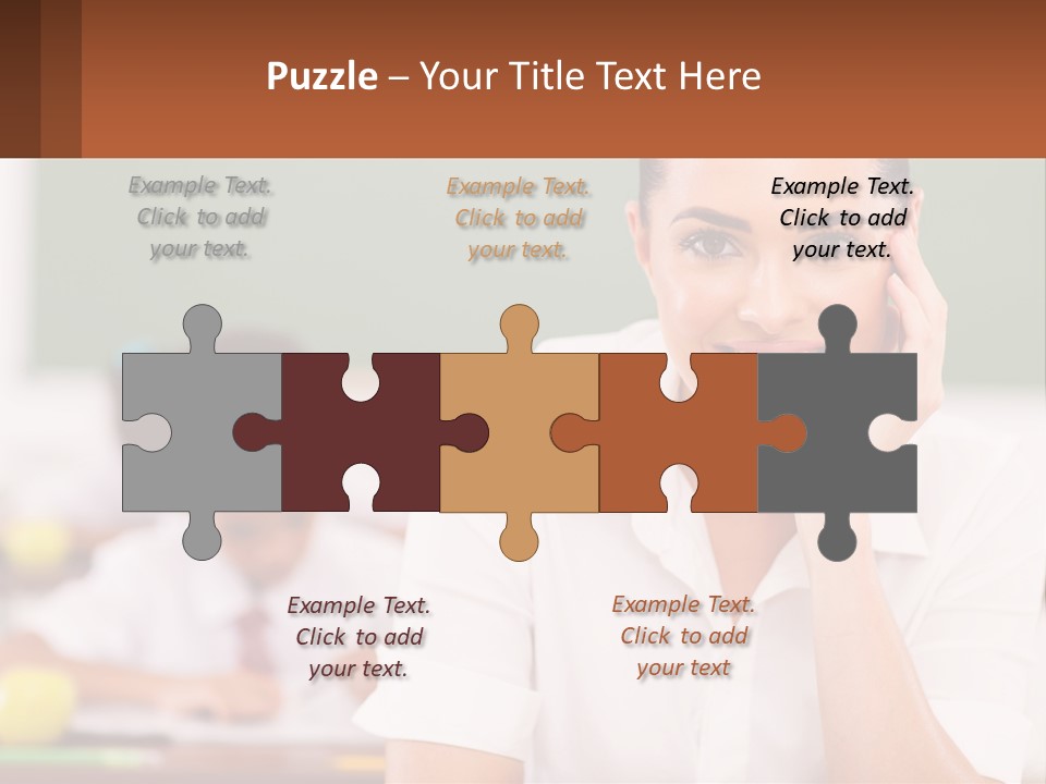A Woman Sitting At A Desk With A Boy In The Background PowerPoint Template