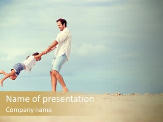 A Man And A Little Girl Playing On The Beach PowerPoint Template