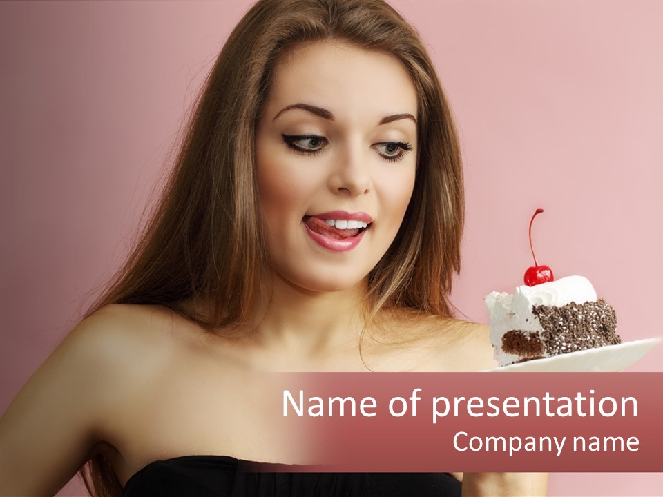 A Woman Holding A Piece Of Cake With A Cherry On Top PowerPoint Template