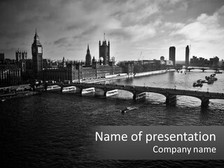 A Black And White Photo Of A Bridge Over A River PowerPoint Template