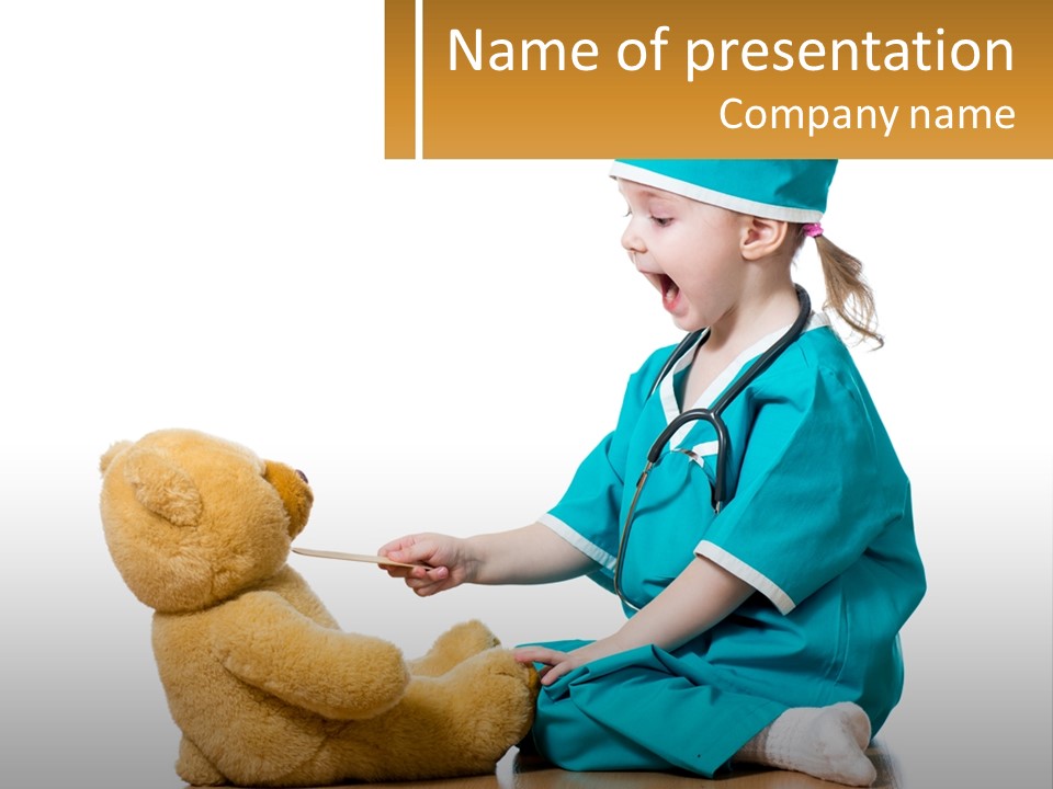 A Little Girl Is Playing With A Teddy Bear PowerPoint Template