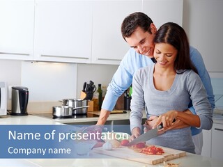 A Man And A Woman Cutting Vegetables On A Cutting Board PowerPoint Template
