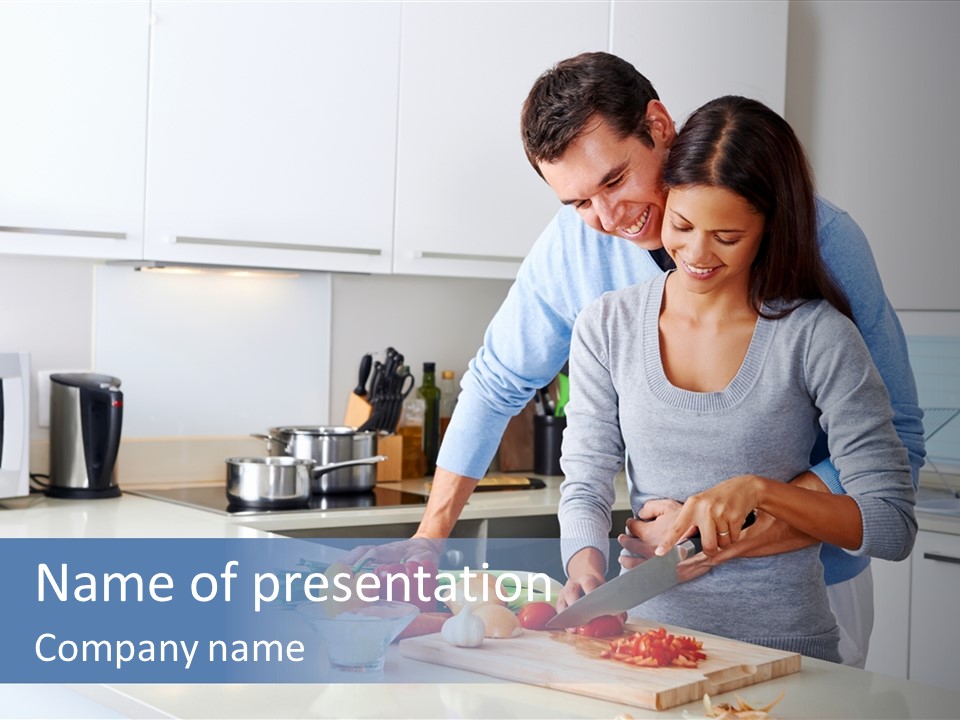 A Man And A Woman Cutting Vegetables On A Cutting Board PowerPoint Template