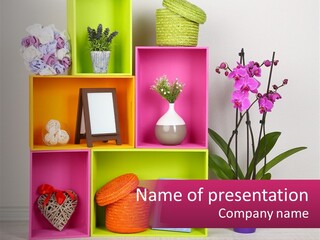 A Colorful Shelf With Flowers And A Vase On Top Of It PowerPoint Template