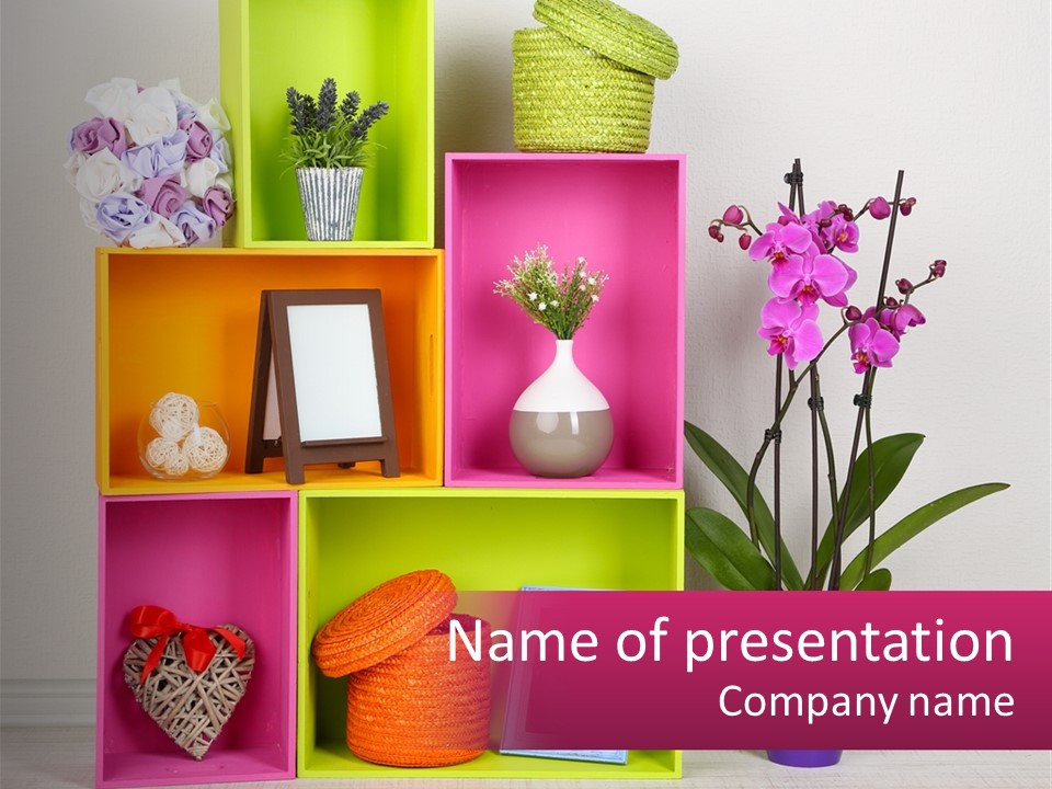 A Colorful Shelf With Flowers And A Vase On Top Of It PowerPoint Template