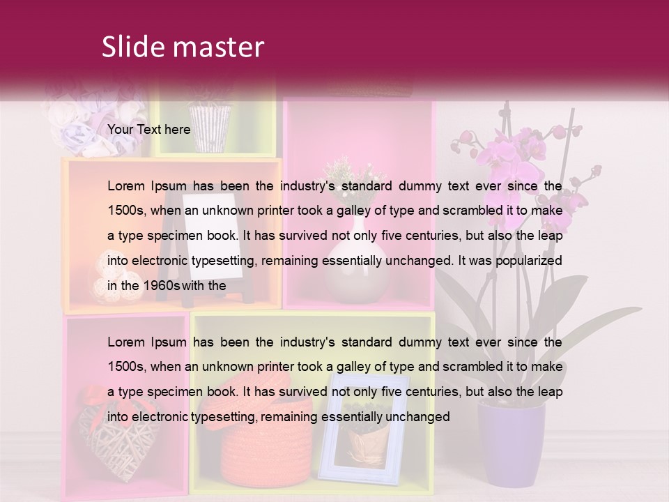 A Colorful Shelf With Flowers And A Vase On Top Of It PowerPoint Template
