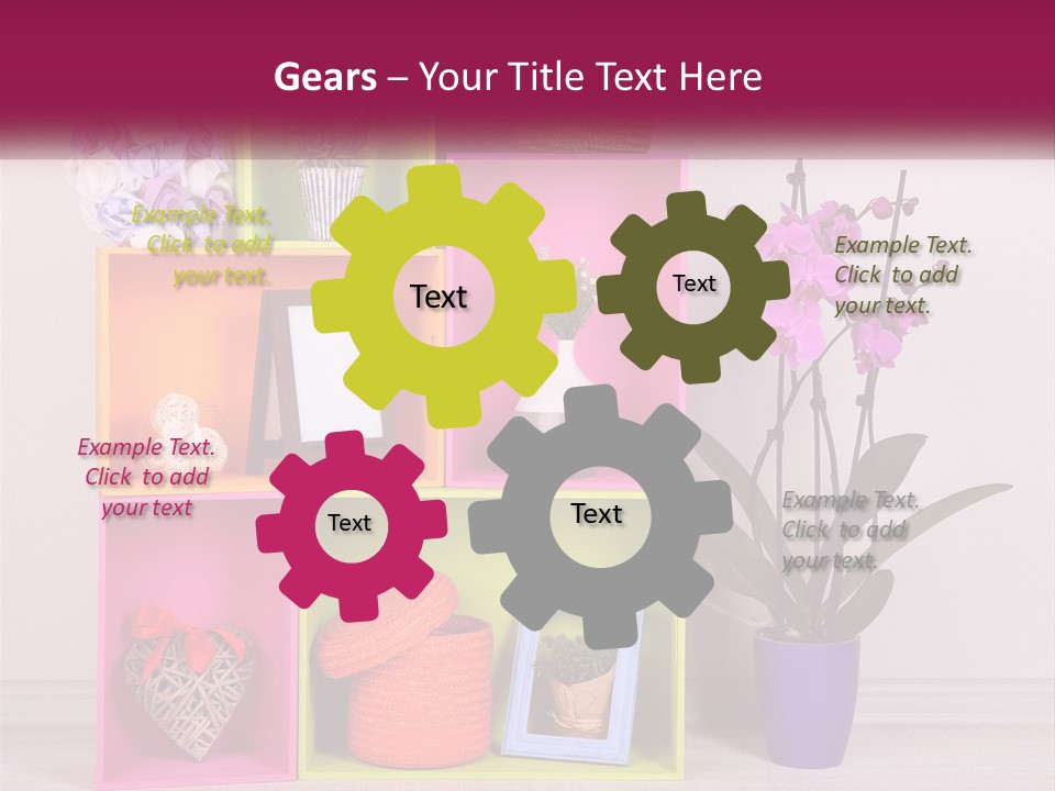 A Colorful Shelf With Flowers And A Vase On Top Of It PowerPoint Template