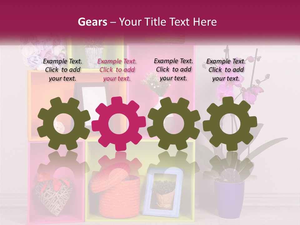 A Colorful Shelf With Flowers And A Vase On Top Of It PowerPoint Template
