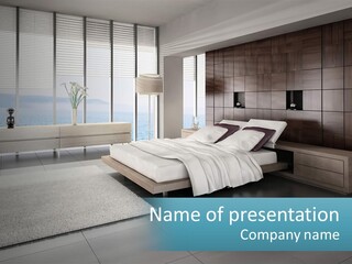A Bedroom With A Large Bed And A Large Window PowerPoint Template