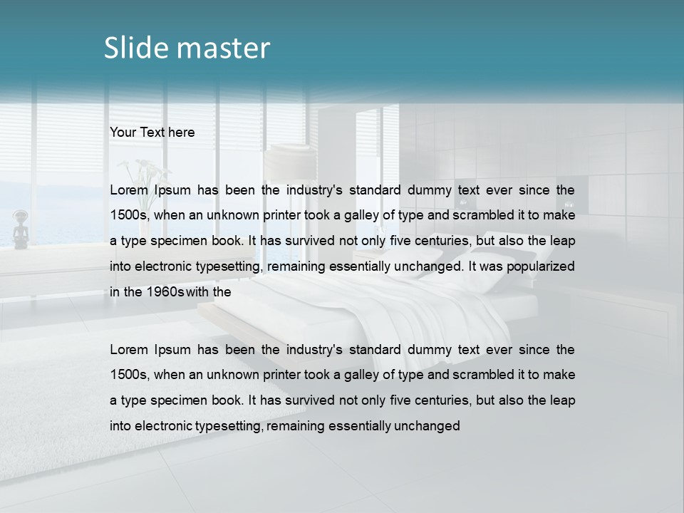 A Bedroom With A Large Bed And A Large Window PowerPoint Template