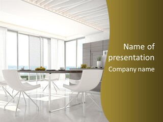 A White Table And Chairs In A Room PowerPoint Template