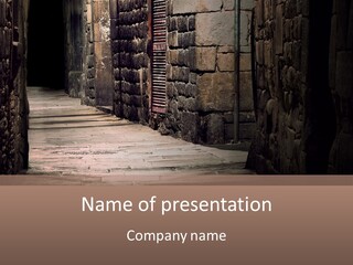 A Narrow Alley Way With Stone Walls And A Door PowerPoint Template