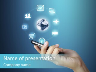 A Person Holding A Cell Phone With Icons Coming Out Of It PowerPoint Template