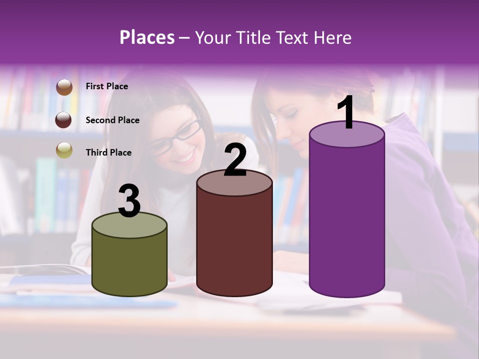Two Girls Are Writing In A Book In A Library PowerPoint Template