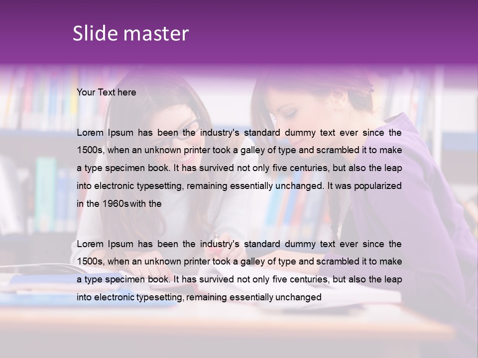 Two Girls Are Writing In A Book In A Library PowerPoint Template