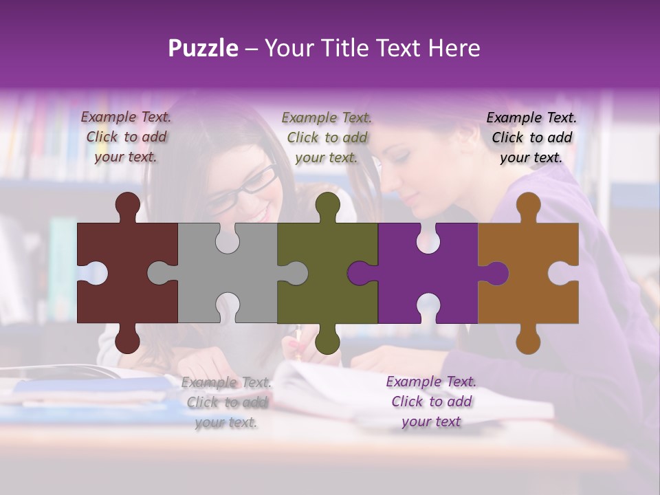 Two Girls Are Writing In A Book In A Library PowerPoint Template
