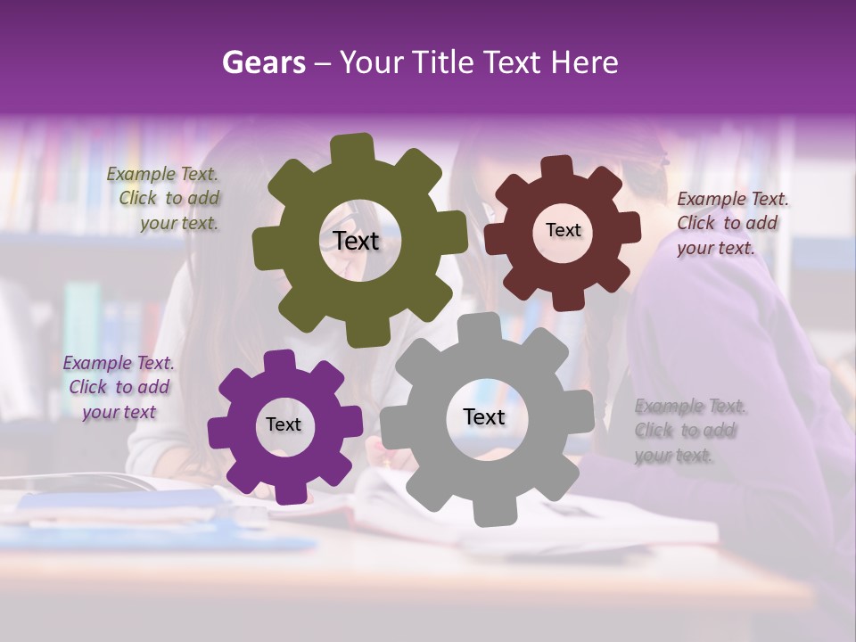 Two Girls Are Writing In A Book In A Library PowerPoint Template