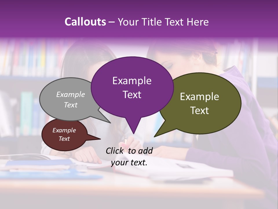 Two Girls Are Writing In A Book In A Library PowerPoint Template