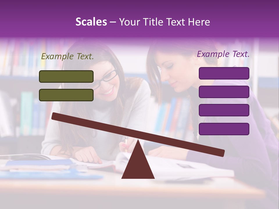 Two Girls Are Writing In A Book In A Library PowerPoint Template