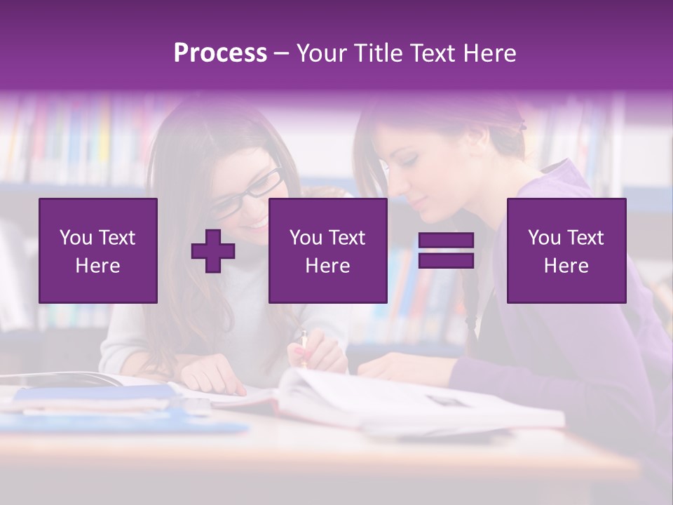 Two Girls Are Writing In A Book In A Library PowerPoint Template