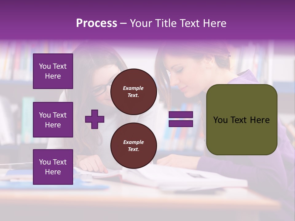 Two Girls Are Writing In A Book In A Library PowerPoint Template
