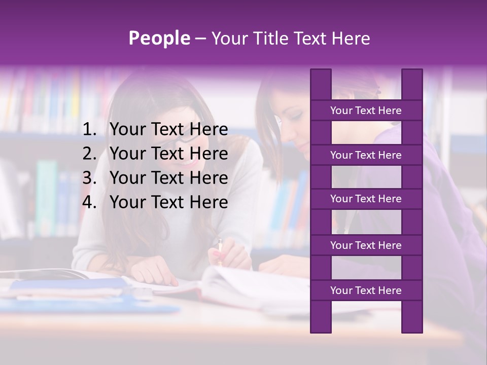Two Girls Are Writing In A Book In A Library PowerPoint Template