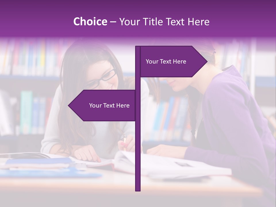 Two Girls Are Writing In A Book In A Library PowerPoint Template