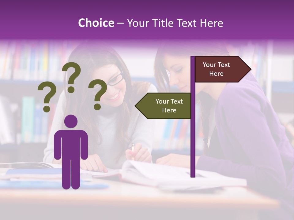 Two Girls Are Writing In A Book In A Library PowerPoint Template