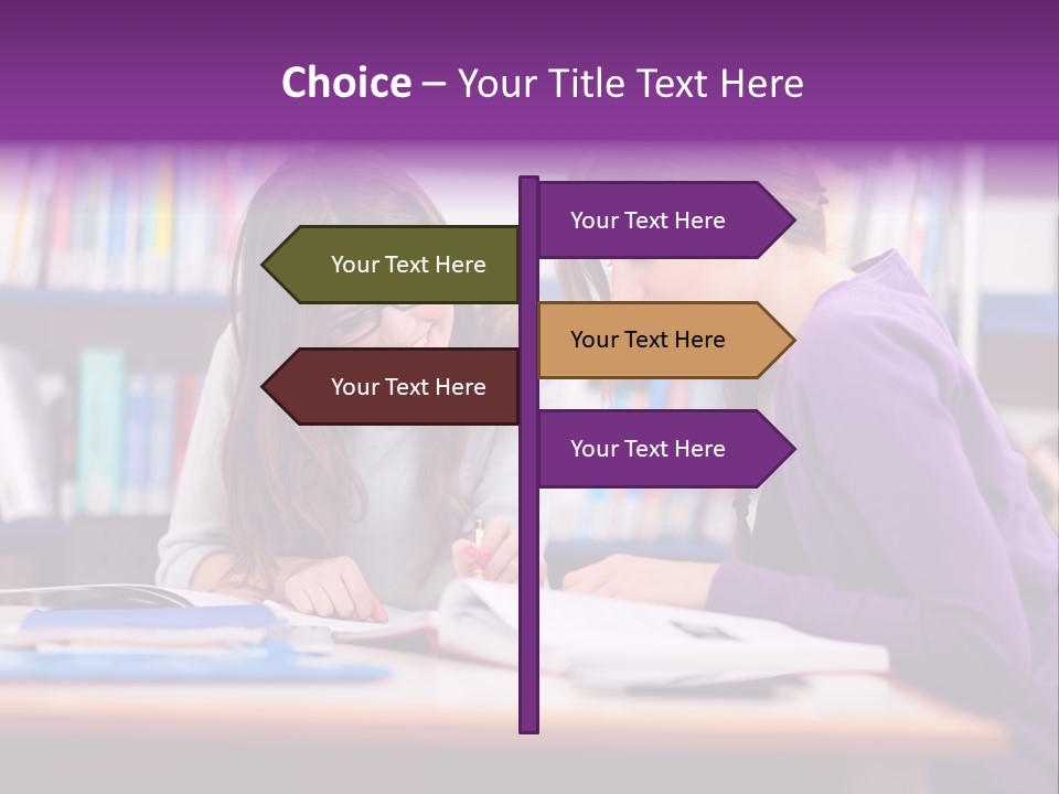 Two Girls Are Writing In A Book In A Library PowerPoint Template