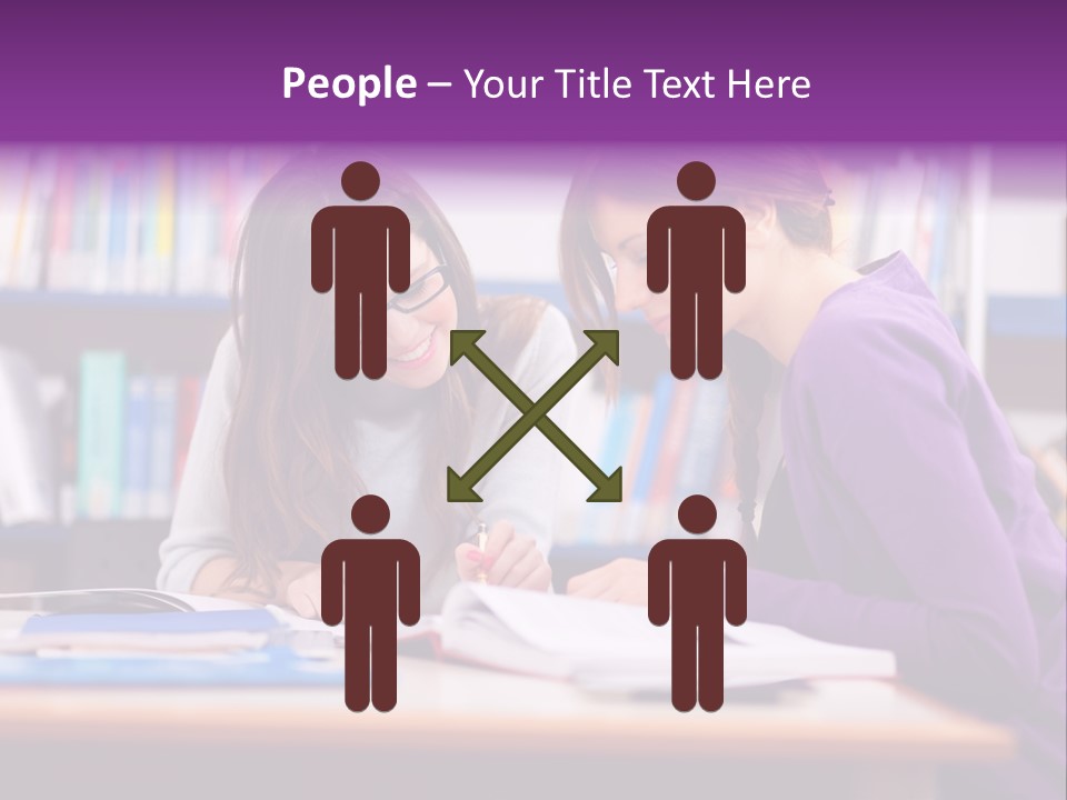 Two Girls Are Writing In A Book In A Library PowerPoint Template
