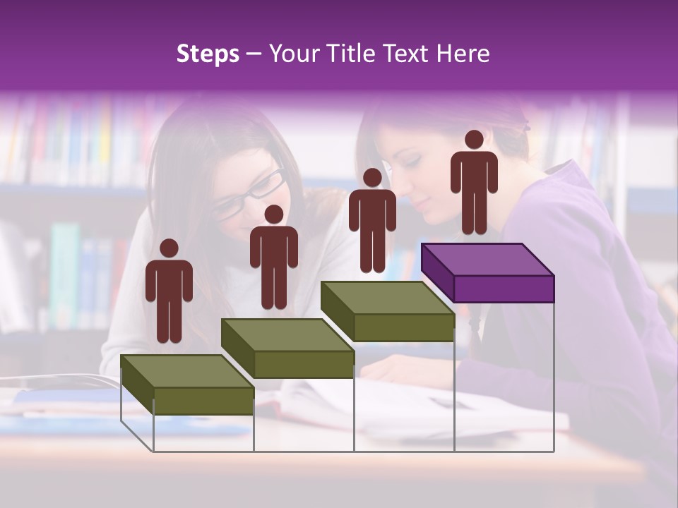 Two Girls Are Writing In A Book In A Library PowerPoint Template