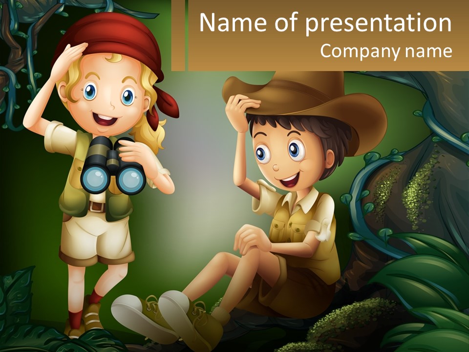 A Boy And A Girl Looking Through Binoculars In The Jungle PowerPoint Template