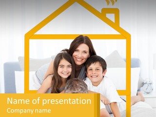 A Family Sitting On A Bed With A Yellow Frame PowerPoint Template
