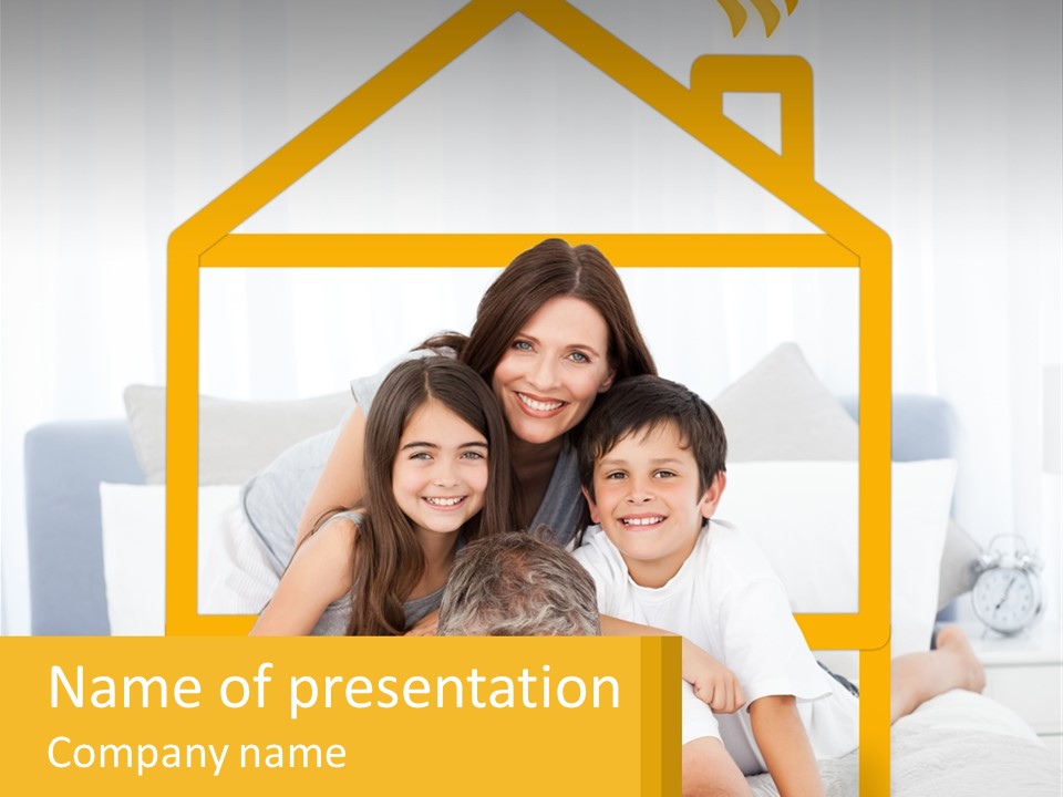 A Family Sitting On A Bed With A Yellow Frame PowerPoint Template