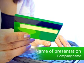 A Woman Holding A Credit Card In Front Of A Laptop PowerPoint Template