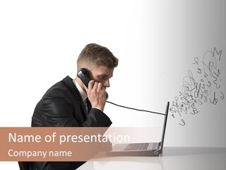 A Man Talking On A Phone While Using A Laptop PowerPoint Template