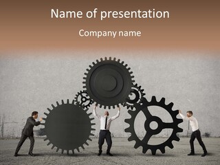 A Group Of People Holding Up Gears In Front Of A Wall PowerPoint Template