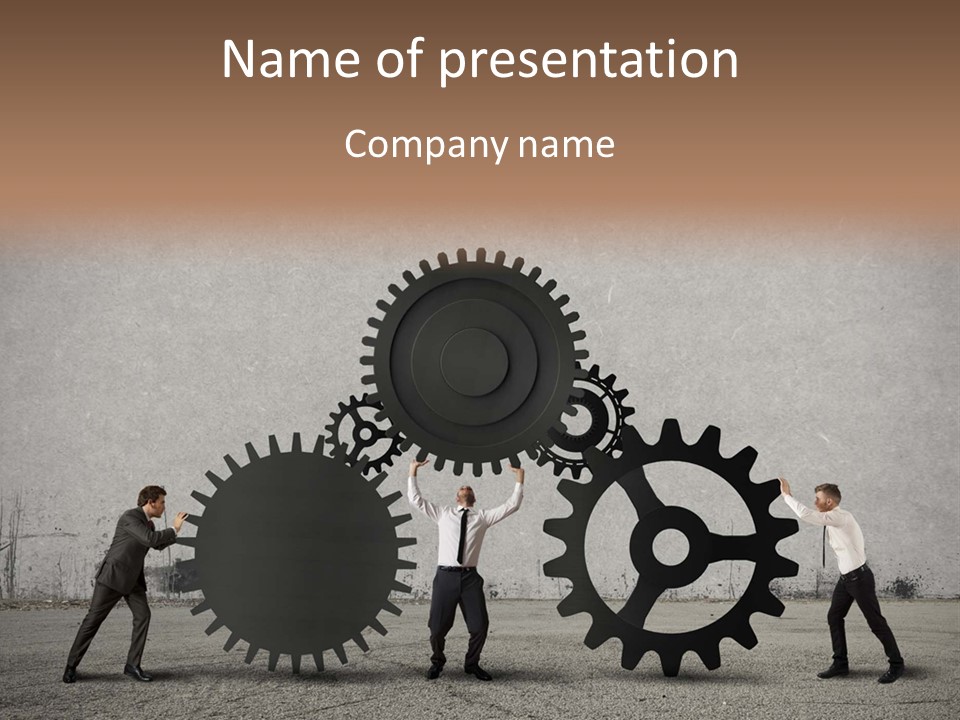 A Group Of People Holding Up Gears In Front Of A Wall PowerPoint Template