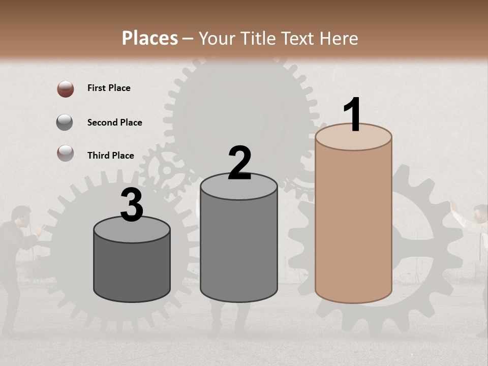 A Group Of People Holding Up Gears In Front Of A Wall PowerPoint Template