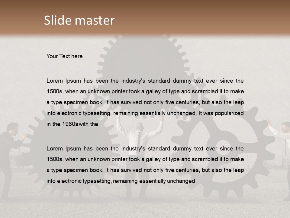 A Group Of People Holding Up Gears In Front Of A Wall PowerPoint Template