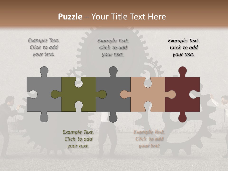 A Group Of People Holding Up Gears In Front Of A Wall PowerPoint Template