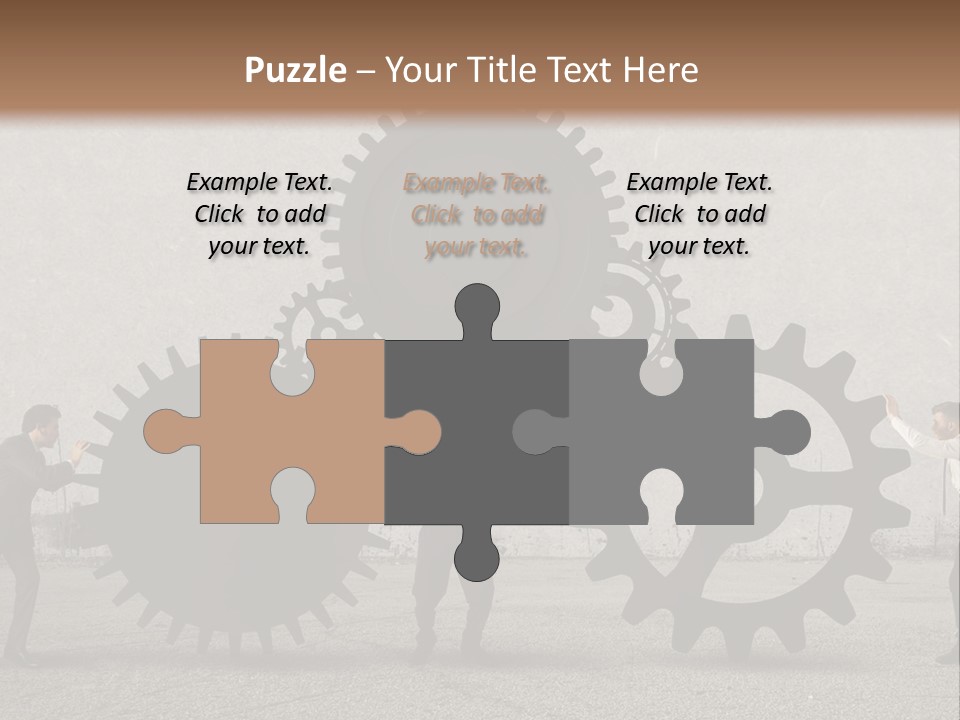 A Group Of People Holding Up Gears In Front Of A Wall PowerPoint Template