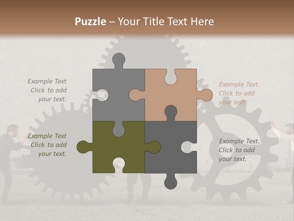 A Group Of People Holding Up Gears In Front Of A Wall PowerPoint Template