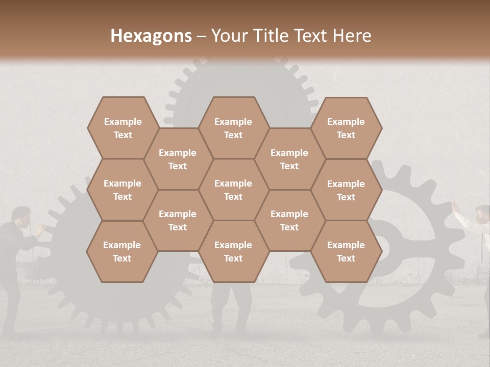 A Group Of People Holding Up Gears In Front Of A Wall PowerPoint Template