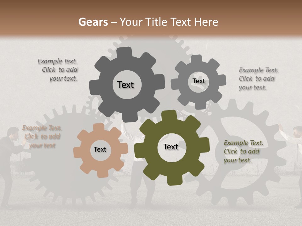 A Group Of People Holding Up Gears In Front Of A Wall PowerPoint Template