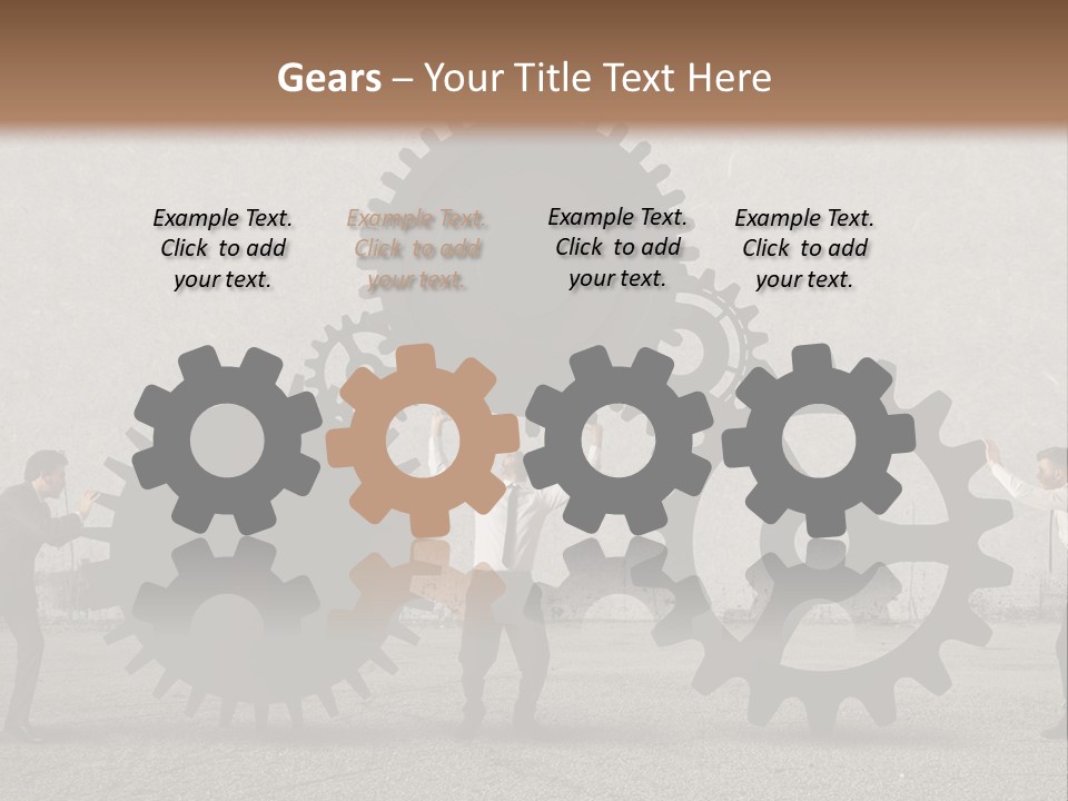 A Group Of People Holding Up Gears In Front Of A Wall PowerPoint Template