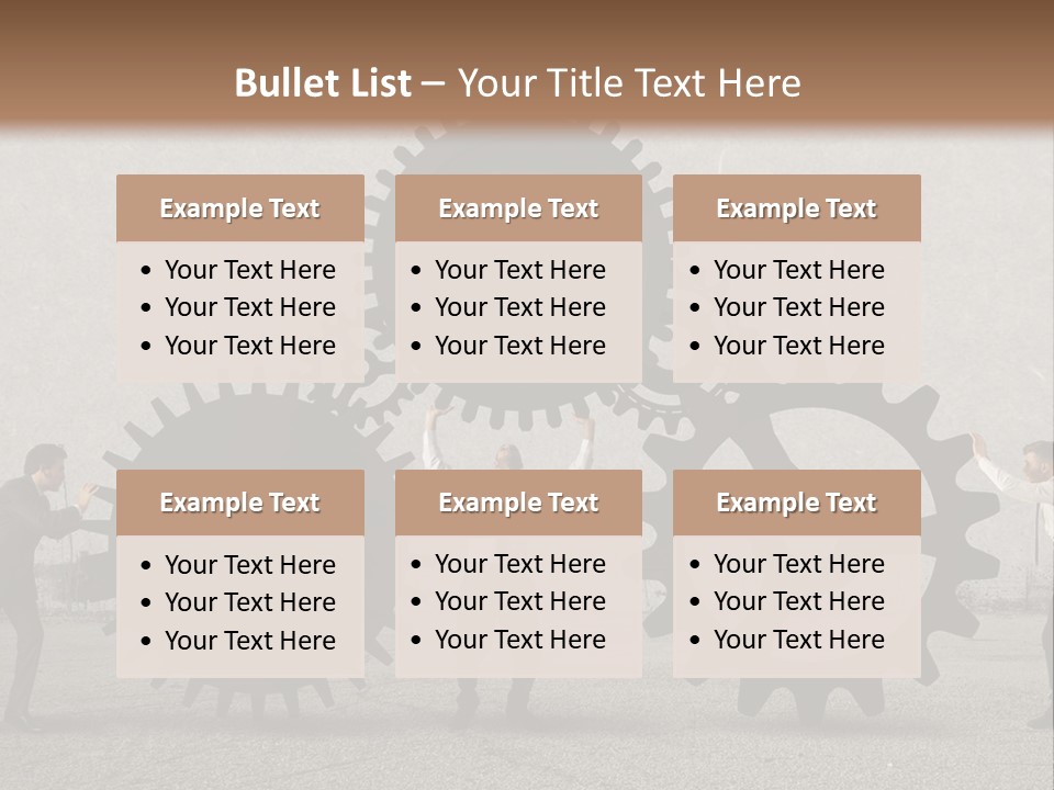 A Group Of People Holding Up Gears In Front Of A Wall PowerPoint Template