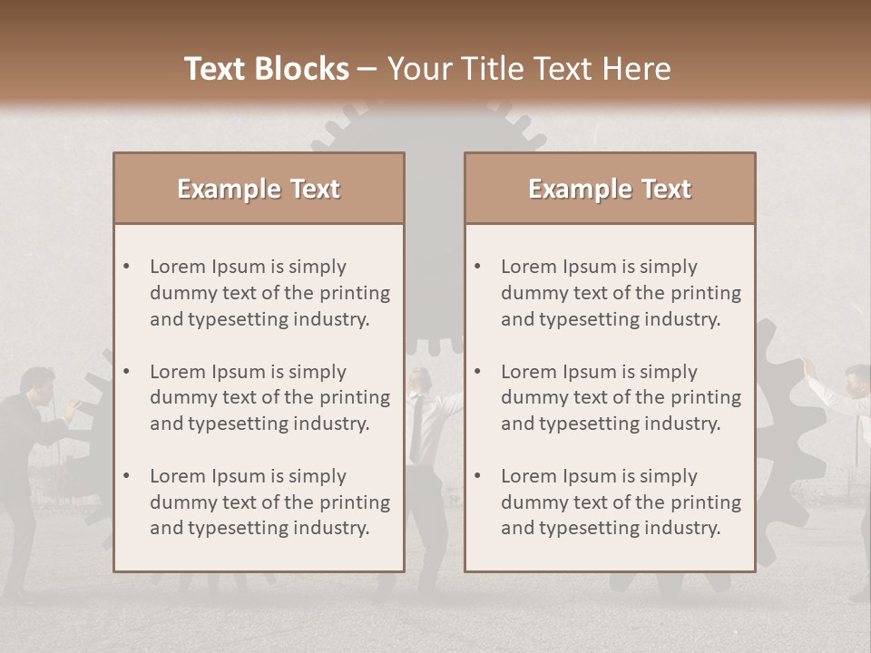 A Group Of People Holding Up Gears In Front Of A Wall PowerPoint Template