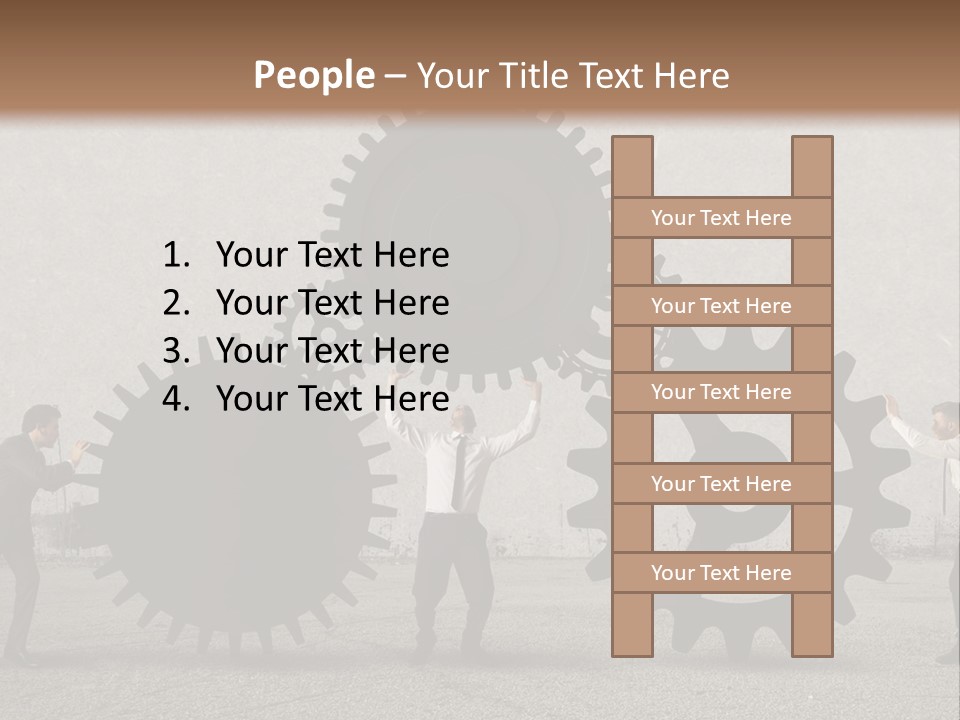 A Group Of People Holding Up Gears In Front Of A Wall PowerPoint Template