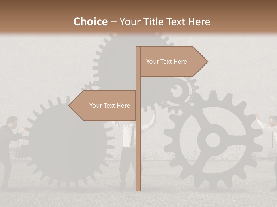 A Group Of People Holding Up Gears In Front Of A Wall PowerPoint Template